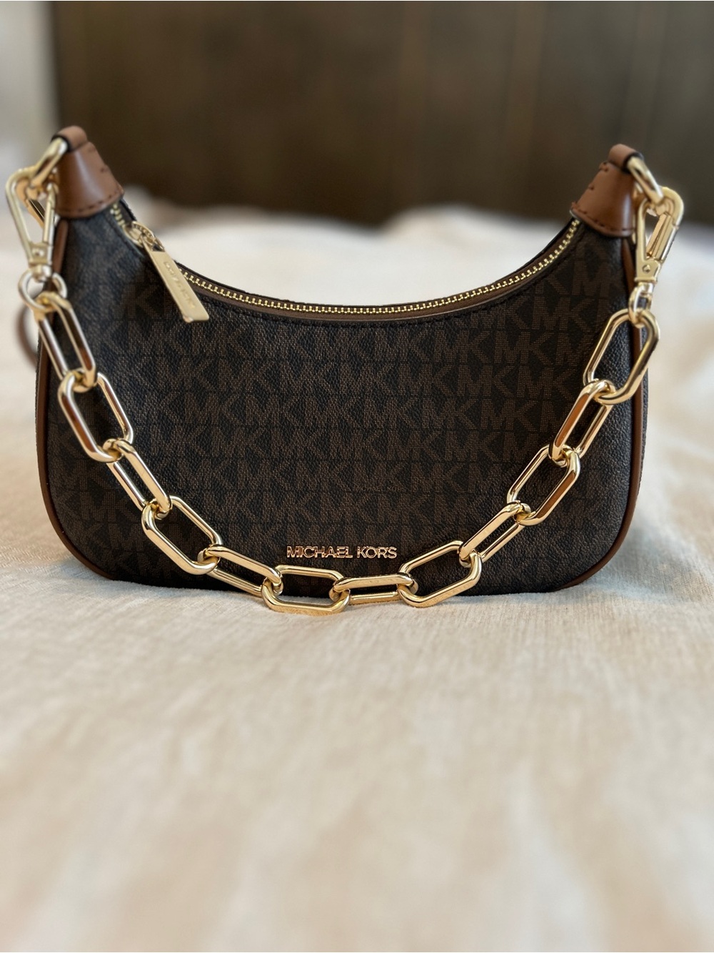 Michael Kors Dark Brown MK Logo Mini Bag with Gold Chain